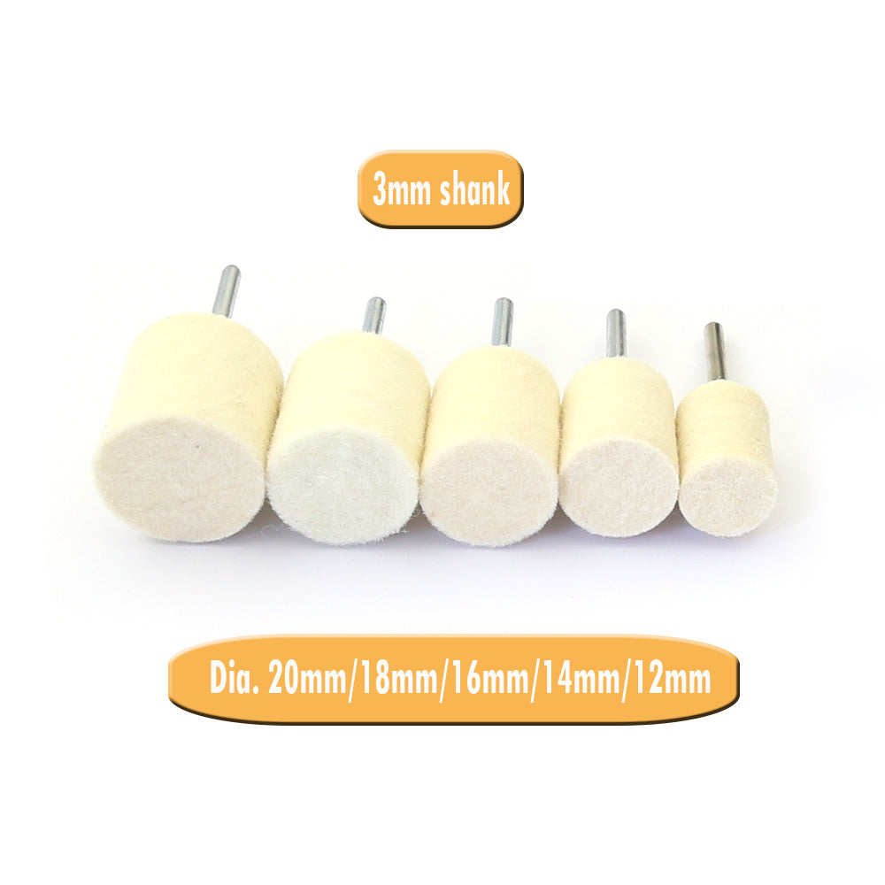 20 pcs OD 11/24" to 19/24" Wool Felt Bobs 1/8" Shaft Mounted Point Metal Plastic Mould Fine Polishing