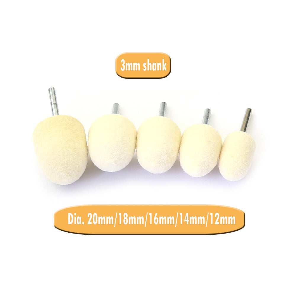20 pcs OD 11/24" to 19/24" Wool Felt Bobs 1/8" Shaft Mounted Point Metal Plastic Mould Fine Polishing