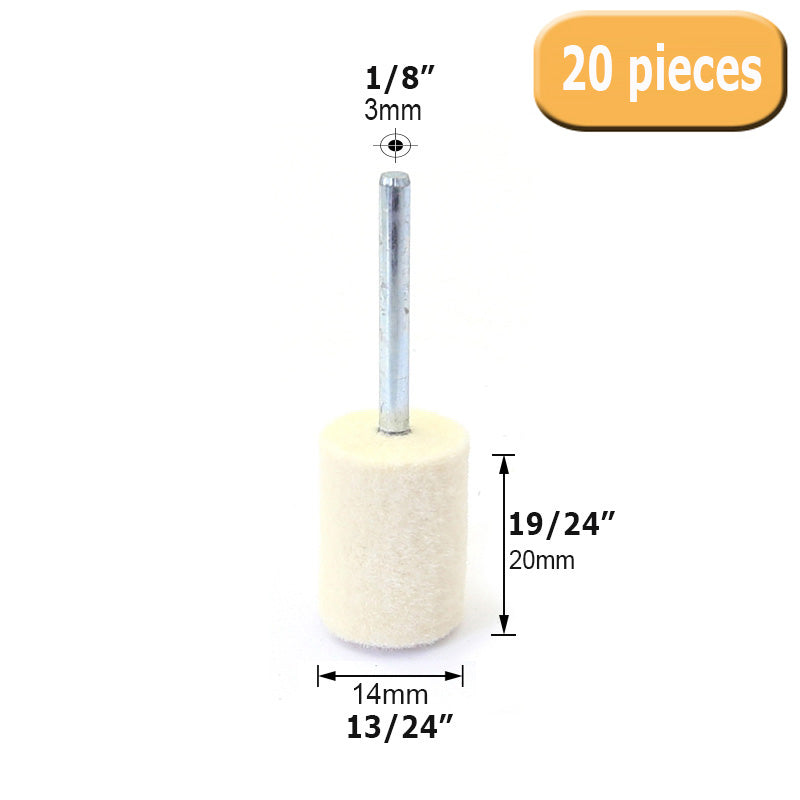 20 pcs OD 11/24" to 19/24" Wool Felt Bobs 1/8" Shaft Mounted Point Metal Plastic Mould Fine Polishing