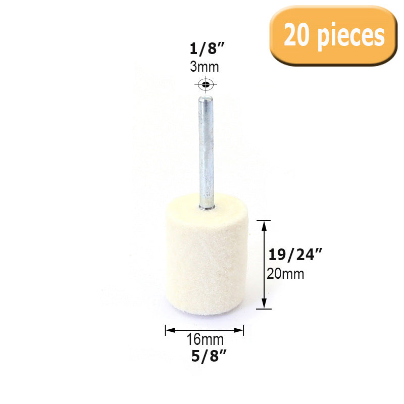 20 pcs OD 11/24" to 19/24" Wool Felt Bobs 1/8" Shaft Mounted Point Metal Plastic Mould Fine Polishing