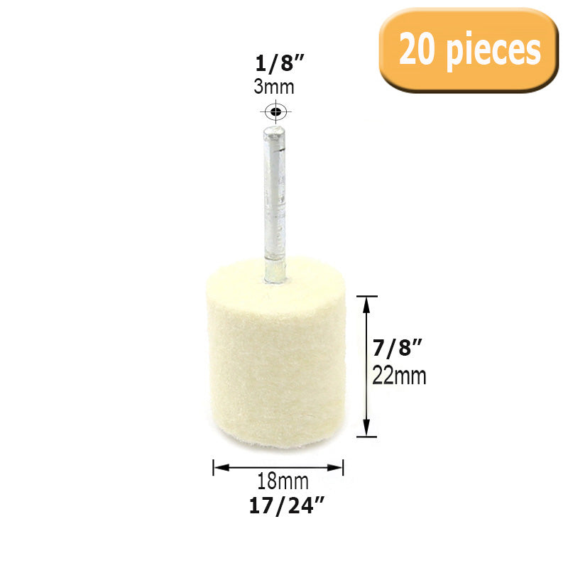 20 pcs OD 11/24" to 19/24" Wool Felt Bobs 1/8" Shaft Mounted Point Metal Plastic Mould Fine Polishing