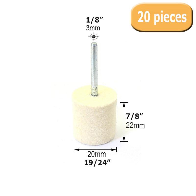 20 pcs OD 11/24" to 19/24" Wool Felt Bobs 1/8" Shaft Mounted Point Metal Plastic Mould Fine Polishing